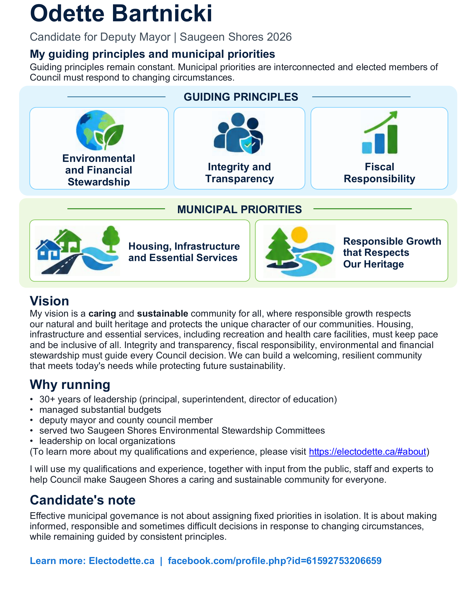 Odette Bartnicki’s guiding principles, municipal priorities and vision for Saugeen Shores
