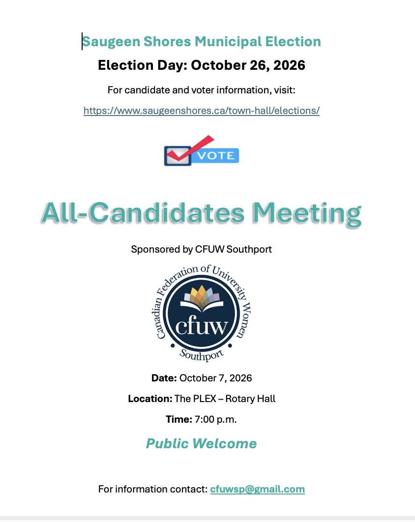 CFUW Southport All-Candidates Meeting poster for October 7, 2026